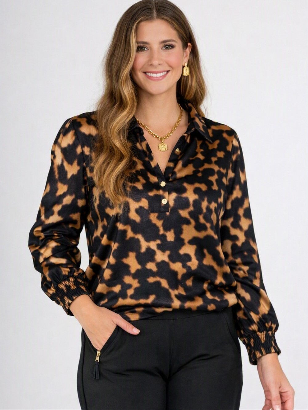 Emily McCarthy High Low Leopard Print Blouse Bell Sleeve Quiet Luxury Careerware